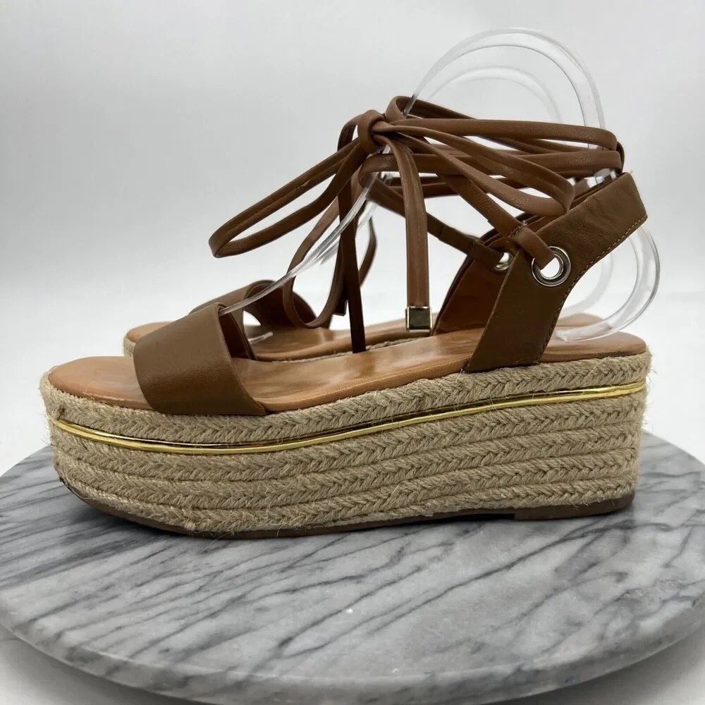 Bleecker & Bond Sandal Womens 7.5 Cognac Brown Odette Espadrille Leather Wedge